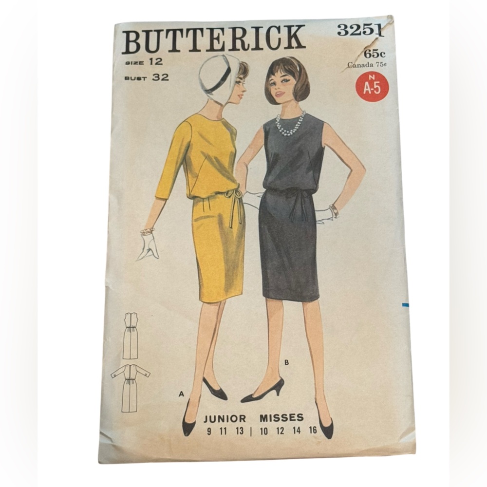 Butterick #3251 SEWING PATTERN  Dress Vintage C1960s Pattern SZ 12 B32